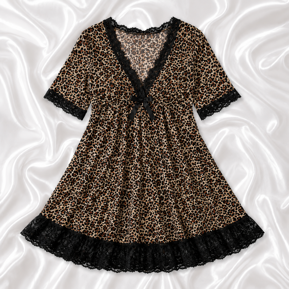 Leopard Print Lace Trim Nighty Set