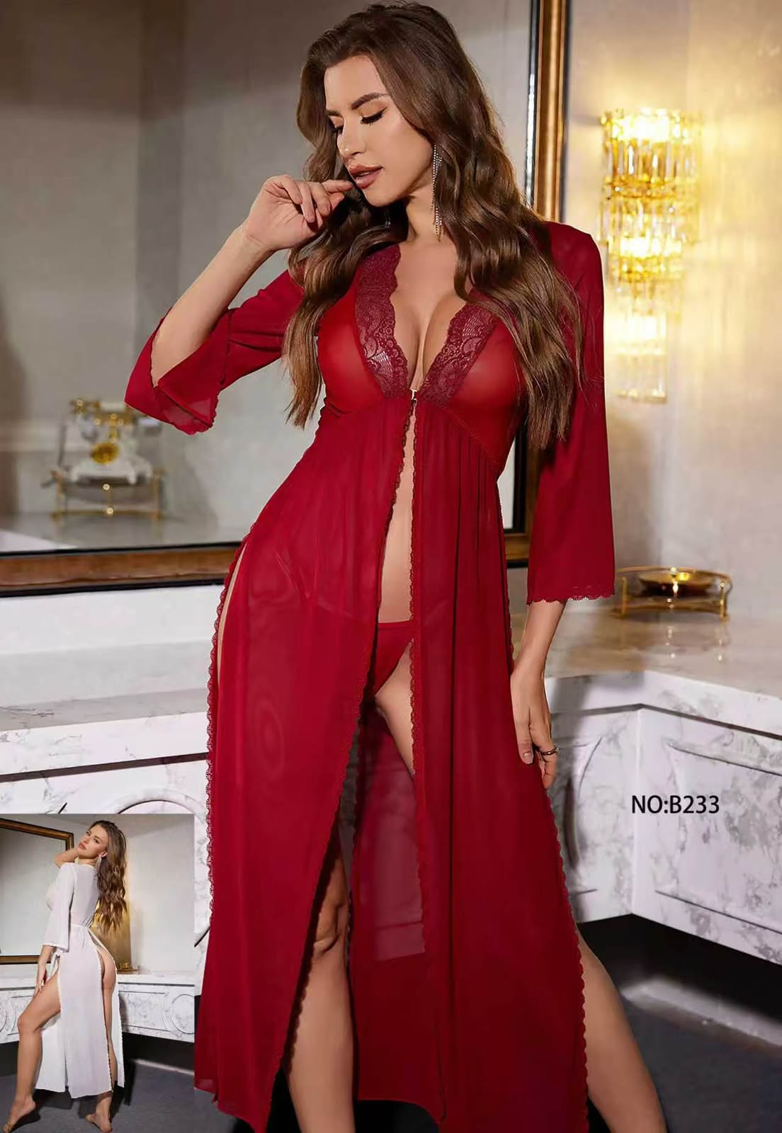 “Midnight Elegance Sheer Robe Set – 2 Piece Luxury Lace Nightwear”