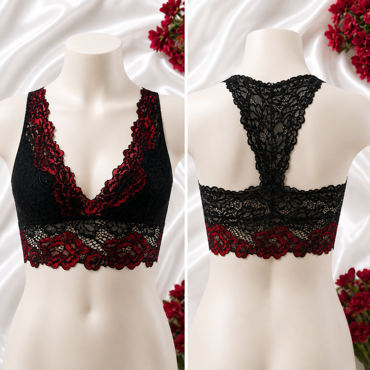 Black & Red Lace Blouse , Elegant Floral Lace Top