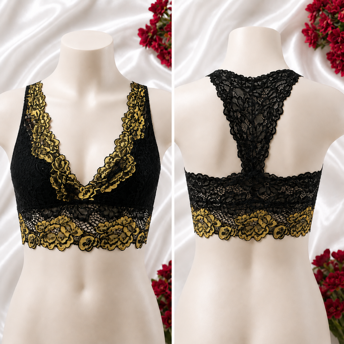 Black & Red Lace Blouse , Elegant Floral Lace Top