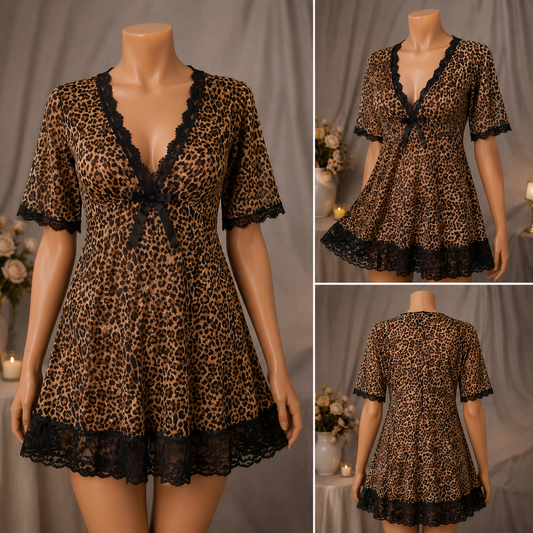 Leopard Print Lace Trim Nighty Set