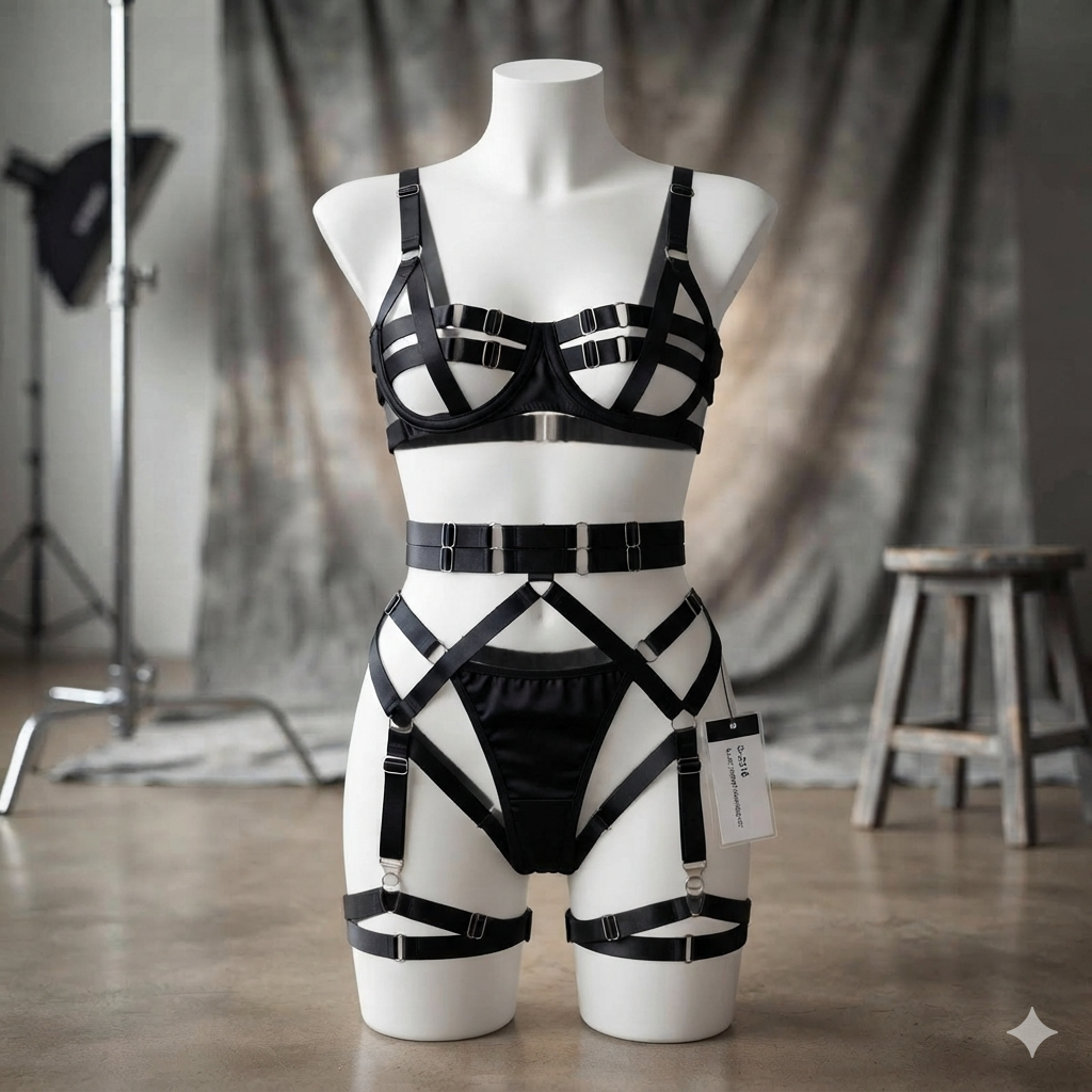 Black Buckle Harness Bodysuit Set