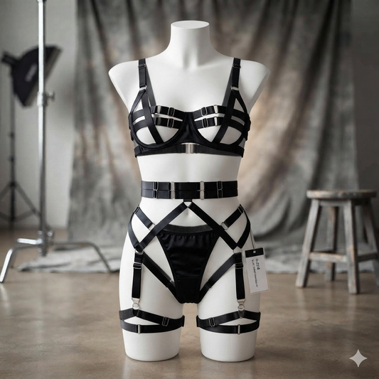 Black Buckle Harness Bodysuit Set