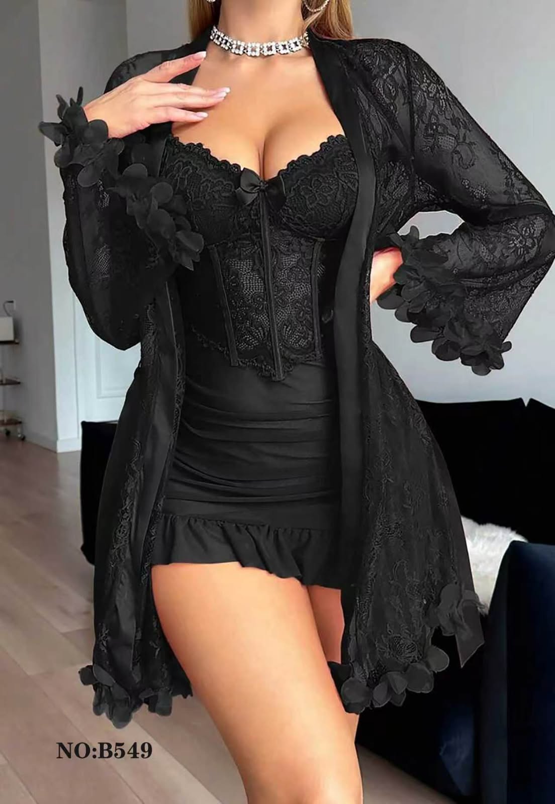 “Ruby Lace Luxury Nighty Set with Sheer Robe – 2 Piece Premium Lingerie”