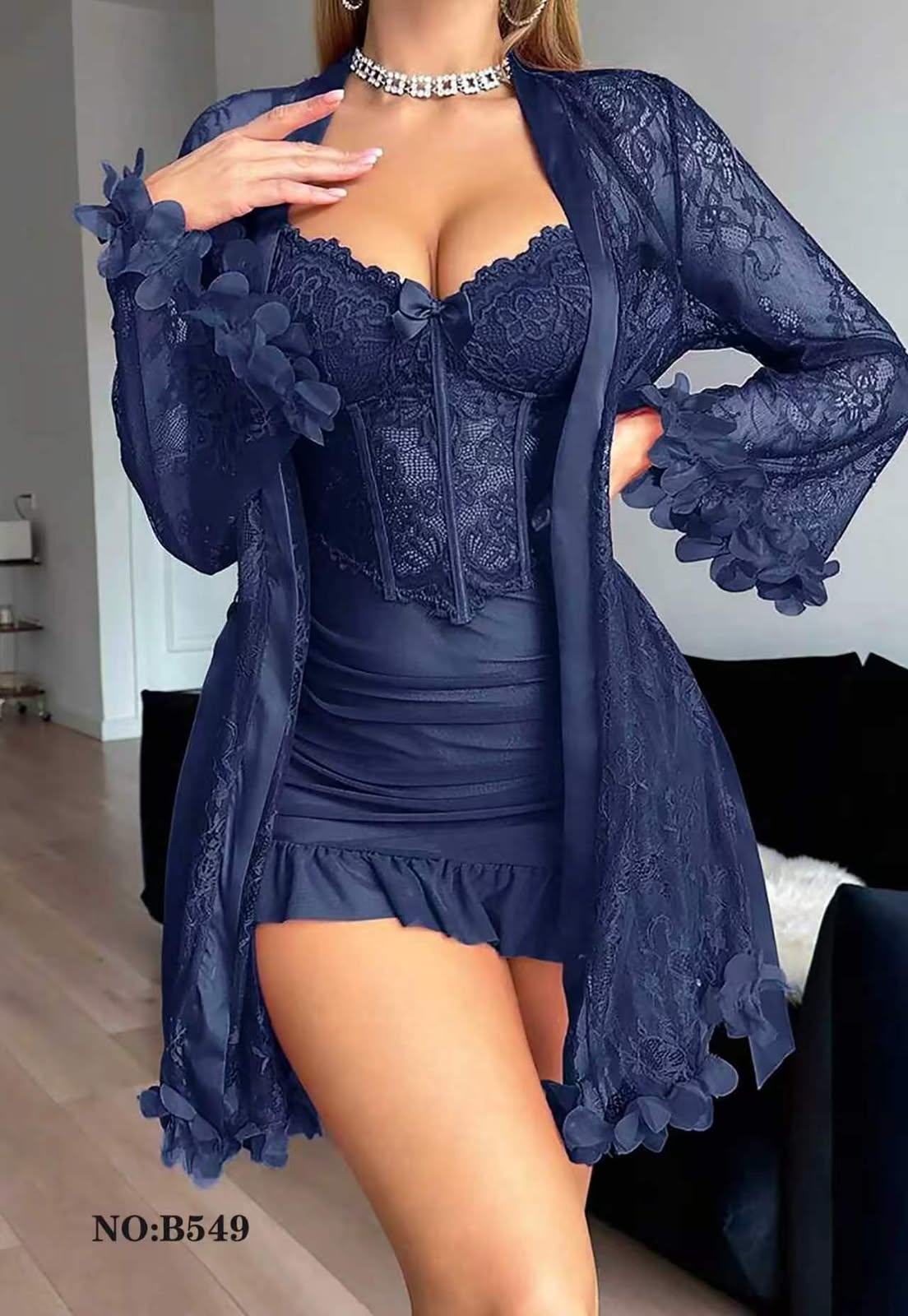 “Ruby Lace Luxury Nighty Set with Sheer Robe – 2 Piece Premium Lingerie”