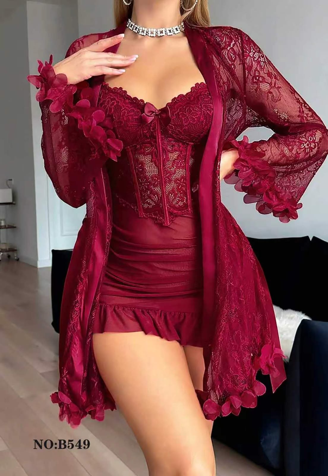 “Ruby Lace Luxury Nighty Set with Sheer Robe – 2 Piece Premium Lingerie”
