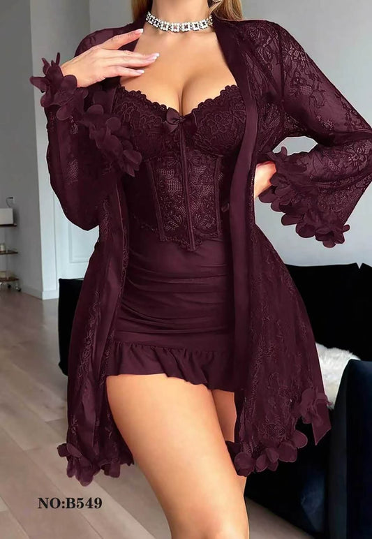 “Ruby Lace Luxury Nighty Set with Sheer Robe – 2 Piece Premium Lingerie”