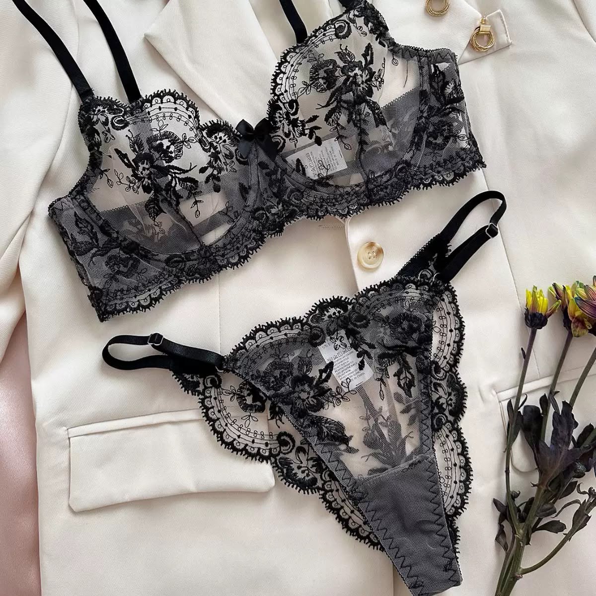 Red Floral Lace Sheer Bra & Panty Set