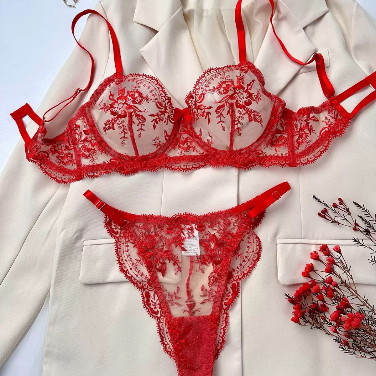 Red Floral Lace Sheer Bra & Panty Set