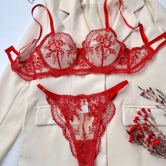 Red Floral Lace Sheer Bra & Panty Set