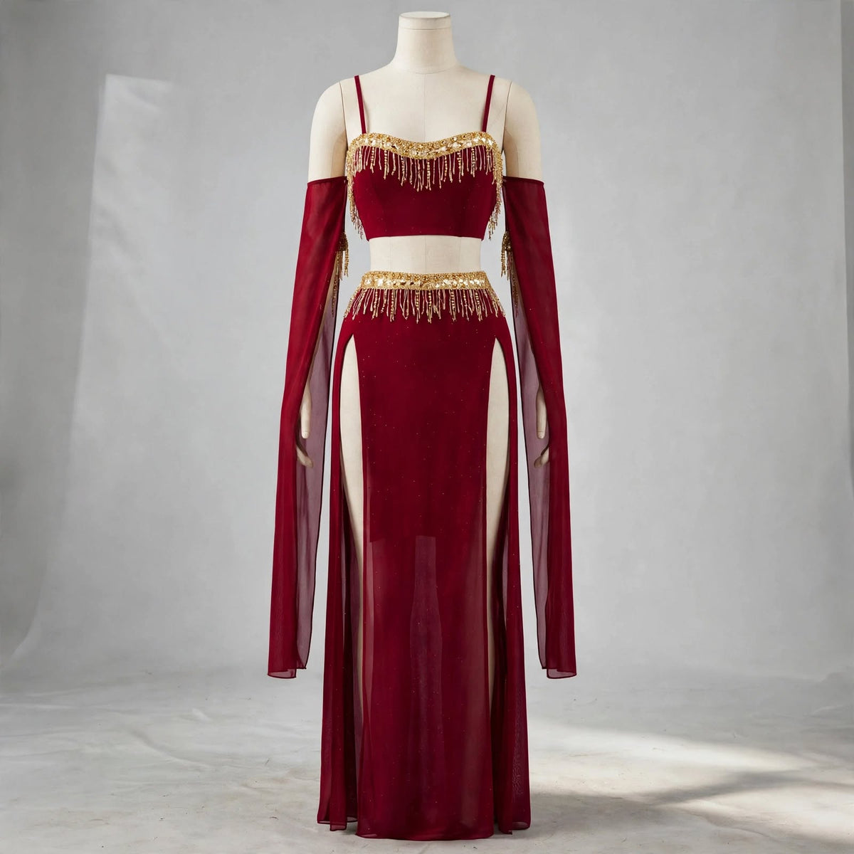 Red Gold Lace Net Nighty Set