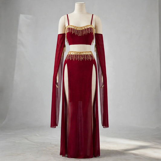 Red Gold Lace Net Nighty Set