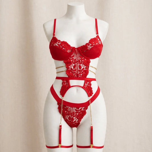 Red Rose Lace Garter Bodysuit (Lingerie)